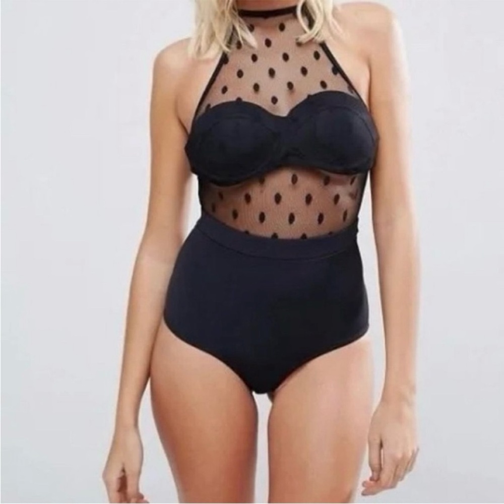 Lost Ink Polka Dot Mesh Halter Swimsuit in Black